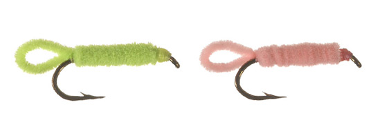 Green Weenie and Barbie Bug trout flies.